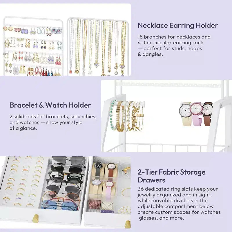 Grand support organiseur de bijoux, tour multifonctionnelle pour colliers boucles d'oreilles bagues bracelets, support mobile avec 4 tiroirs non tissés pour chambre, blanc