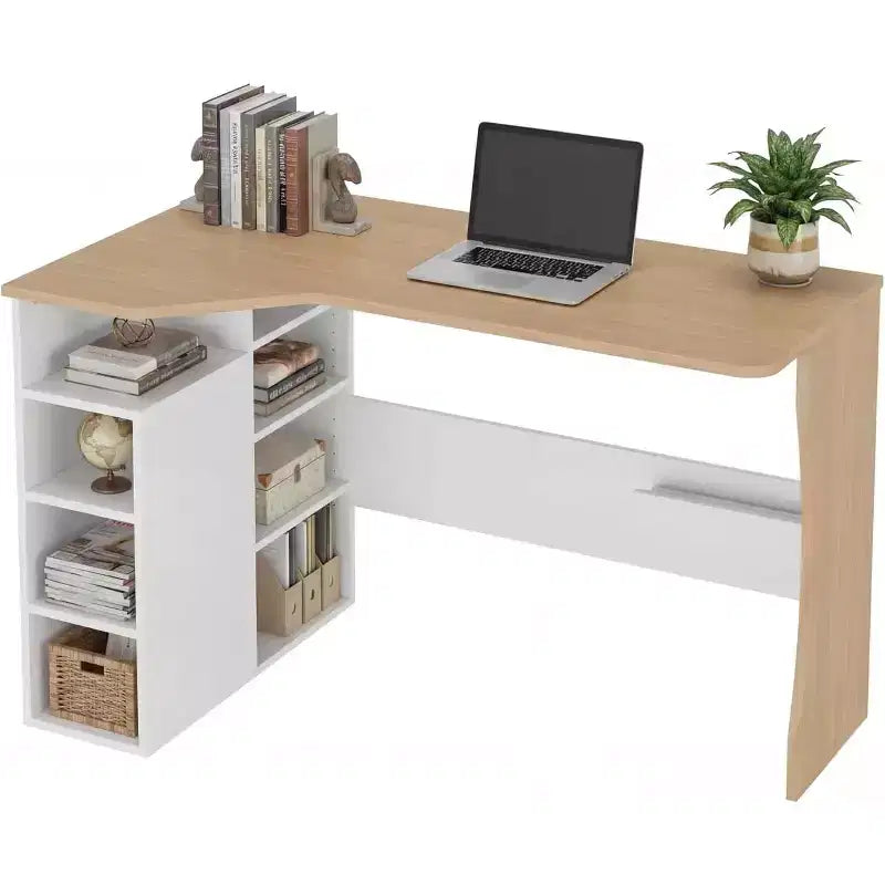 Bureau d'angle en L avec étagères de rangement à 3 niveaux, petit bureau réversible pour petits espaces, poste de travail informatique pour bureau à domicile, études et jeux