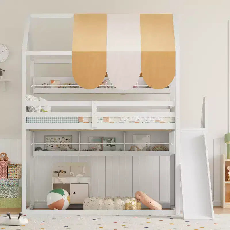 Lit cabane pleine grandeur avec baldaquin et toboggan pour enfants, lit mezzanine en bois avec étagères intégrées et escalier de rangement