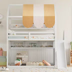 Lit cabane pleine grandeur avec baldaquin et toboggan pour enfants, lit mezzanine en bois avec étagères intégrées et escalier de rangement