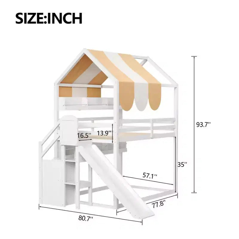 Lit cabane pleine grandeur avec baldaquin et toboggan pour enfants, lit mezzanine en bois avec étagères intégrées et escalier de rangement
