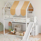 Lit cabane pleine grandeur avec baldaquin et toboggan pour enfants, lit mezzanine en bois avec étagères intégrées et escalier de rangement