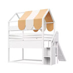 Lit cabane pleine grandeur avec baldaquin et toboggan pour enfants, lit mezzanine en bois avec étagères intégrées et escalier de rangement