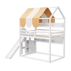 Lit cabane pleine grandeur avec baldaquin et toboggan pour enfants, lit mezzanine en bois avec étagères intégrées et escalier de rangement
