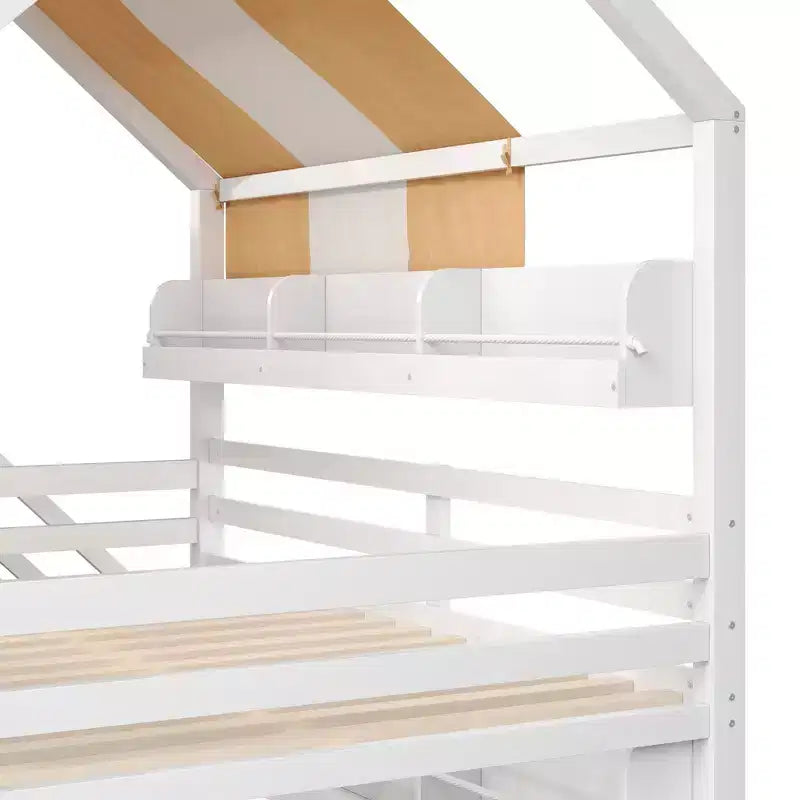 Lit cabane pleine grandeur avec baldaquin et toboggan pour enfants, lit mezzanine en bois avec étagères intégrées et escalier de rangement