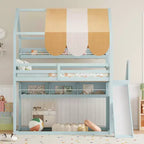 Lit cabane pleine grandeur avec baldaquin et toboggan pour enfants, lit mezzanine en bois avec étagères intégrées et escalier de rangement