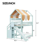 Lit cabane pleine grandeur avec baldaquin et toboggan pour enfants, lit mezzanine en bois avec étagères intégrées et escalier de rangement
