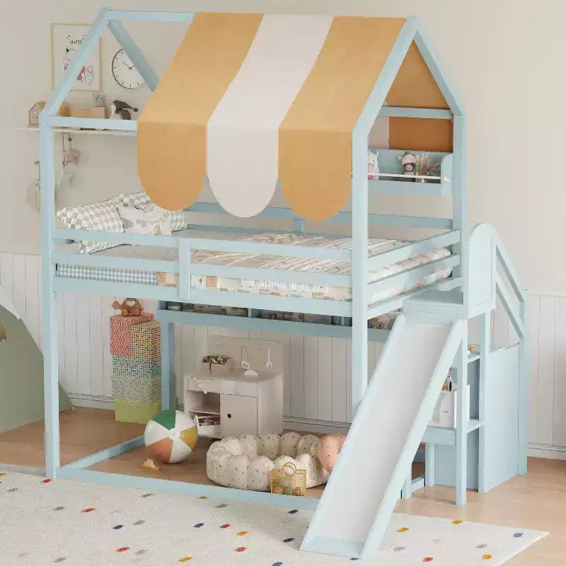 Lit cabane pleine grandeur avec baldaquin et toboggan pour enfants, lit mezzanine en bois avec étagères intégrées et escalier de rangement