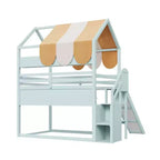 Lit cabane pleine grandeur avec baldaquin et toboggan pour enfants, lit mezzanine en bois avec étagères intégrées et escalier de rangement