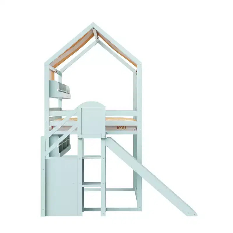 Lit cabane pleine grandeur avec baldaquin et toboggan pour enfants, lit mezzanine en bois avec étagères intégrées et escalier de rangement