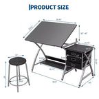 Table à Dessin Réglable avec Tabouret, Table à Dessin avec Plateau Inclinable et 3 Tiroirs de Rangement, Poste de Travail de Studio de Peinture, Bureau d'Art pour le Dessin Technique