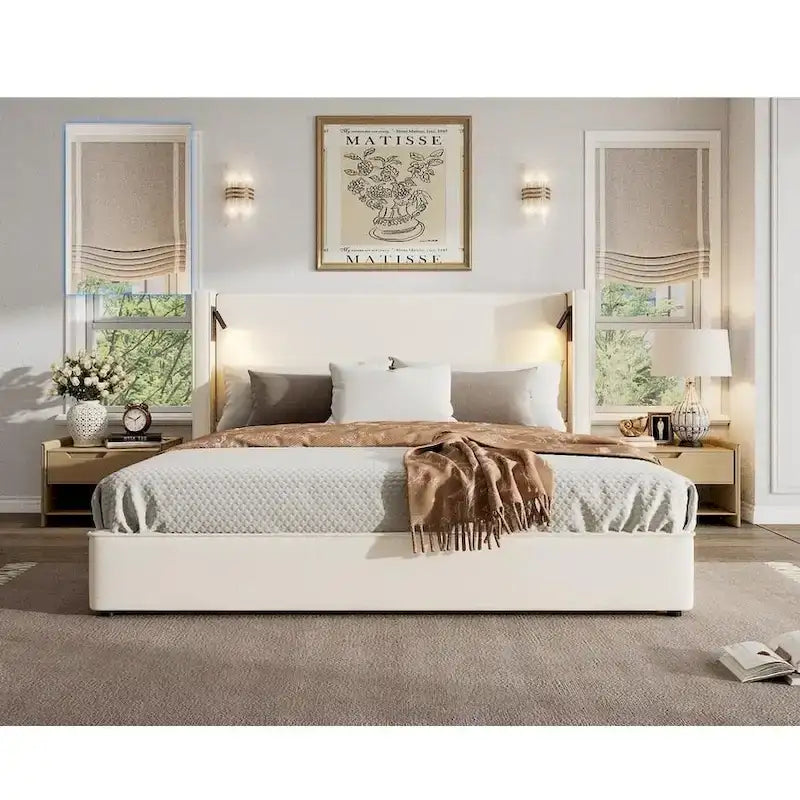 Cadre de lit rembourré avec lampe de lecture et port USB, tête de lit capitonnée, chambre moderne