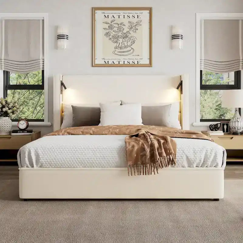 Cadre de lit rembourré avec lampe de lecture et port USB, tête de lit capitonnée, chambre moderne