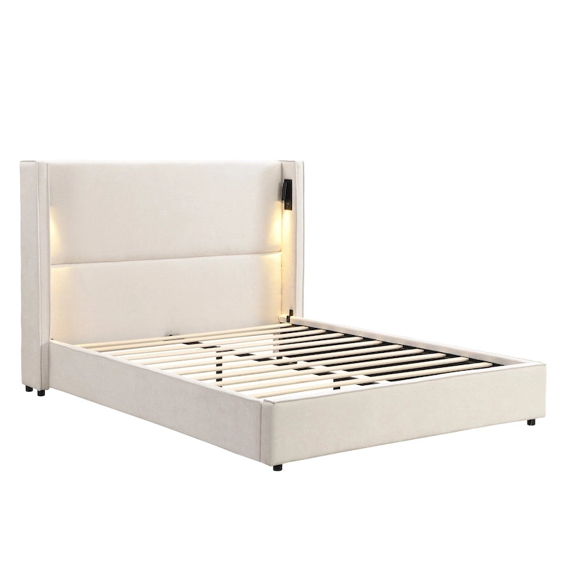 Cadre de lit rembourré avec lampe de lecture et port USB, tête de lit capitonnée, chambre moderne