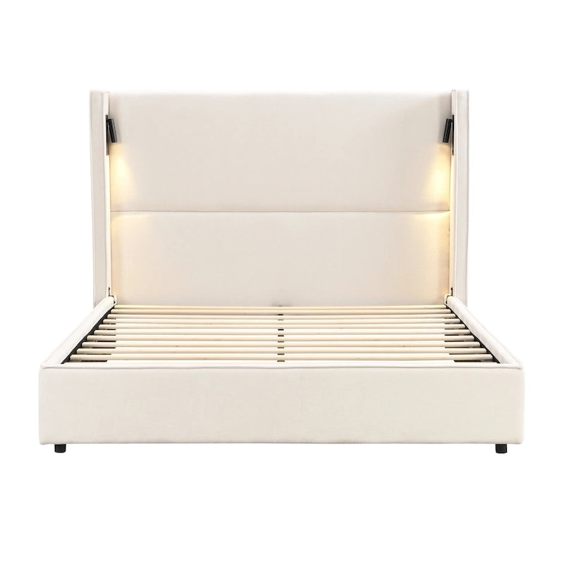 Cadre de lit rembourré avec lampe de lecture et port USB, tête de lit capitonnée, chambre moderne