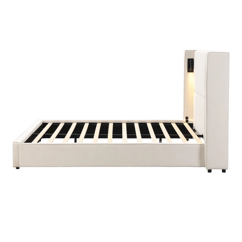 Cadre de lit rembourré avec lampe de lecture et port USB, tête de lit capitonnée, chambre moderne