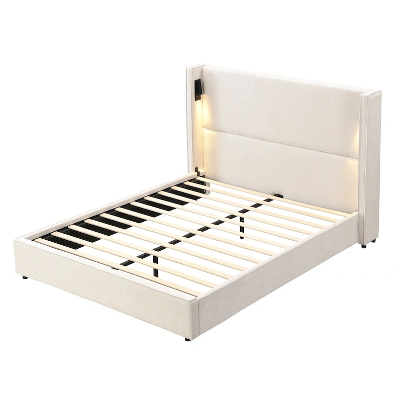 Cadre de lit rembourré avec lampe de lecture et port USB, tête de lit capitonnée, chambre moderne