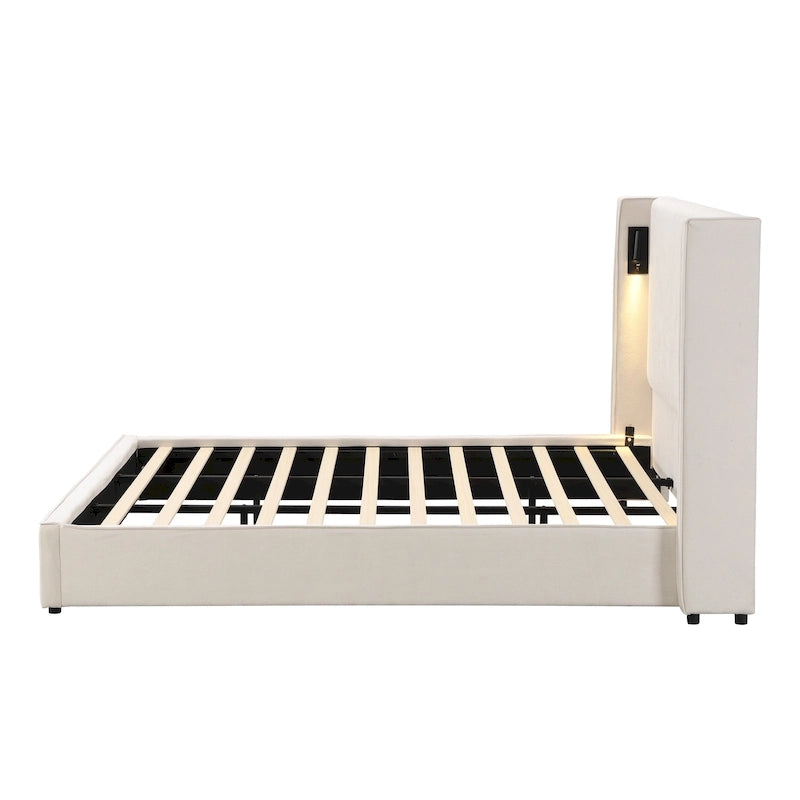 Cadre de lit rembourré avec lampe de lecture et port USB, tête de lit capitonnée, chambre moderne