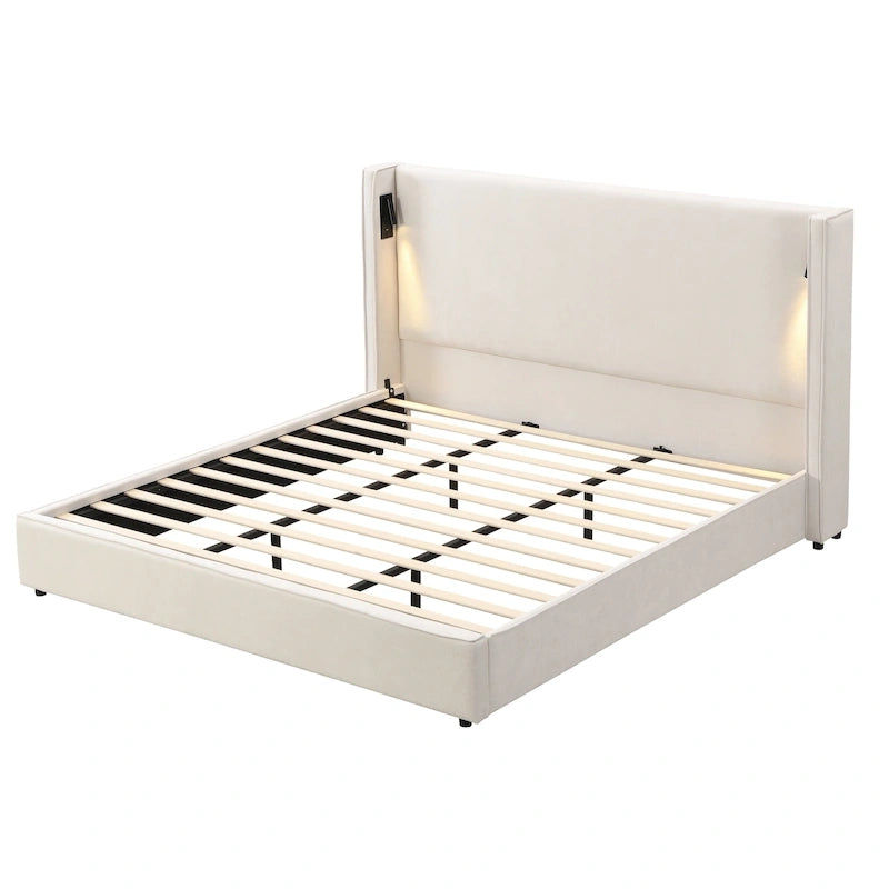 Cadre de lit rembourré avec lampe de lecture et port USB, tête de lit capitonnée, chambre moderne