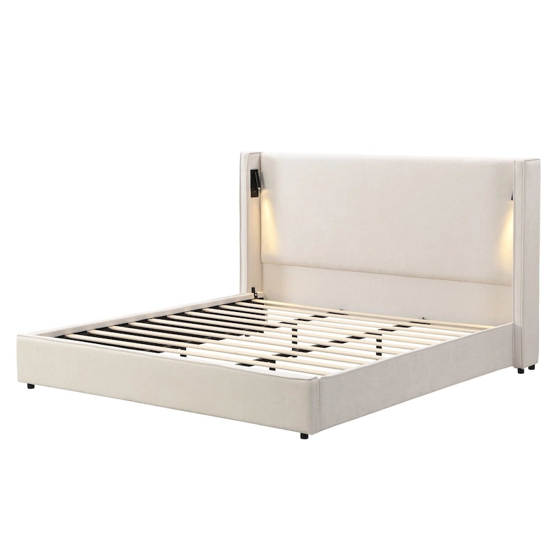 Cadre de lit rembourré avec lampe de lecture et port USB, tête de lit capitonnée, chambre moderne