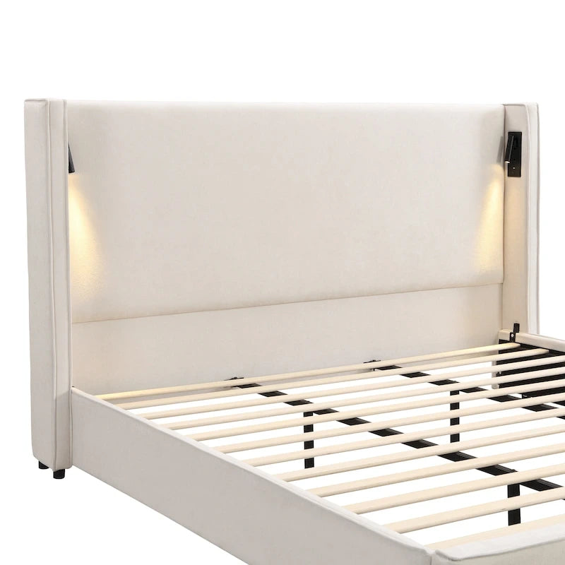 Cadre de lit rembourré avec lampe de lecture et port USB, tête de lit capitonnée, chambre moderne