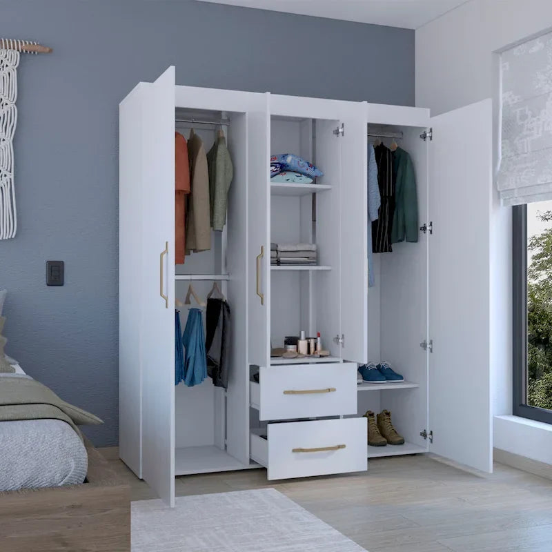19.8 Armoire quatre portes moderne avec options de rangement multiples et accents métalliques