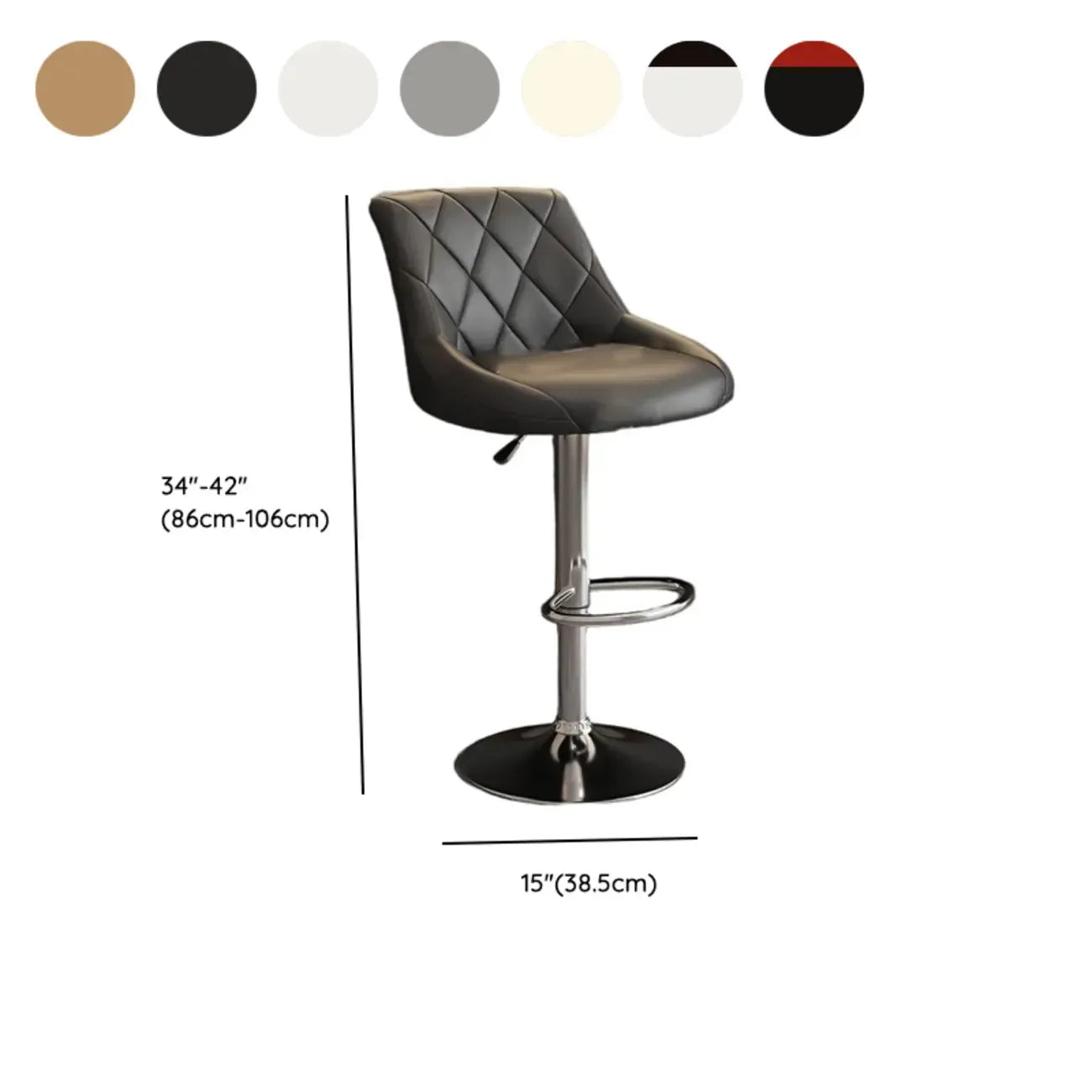 Tabouret de bar pivotant, capitonné en losanges, réglable, cuir PU noir et rouge