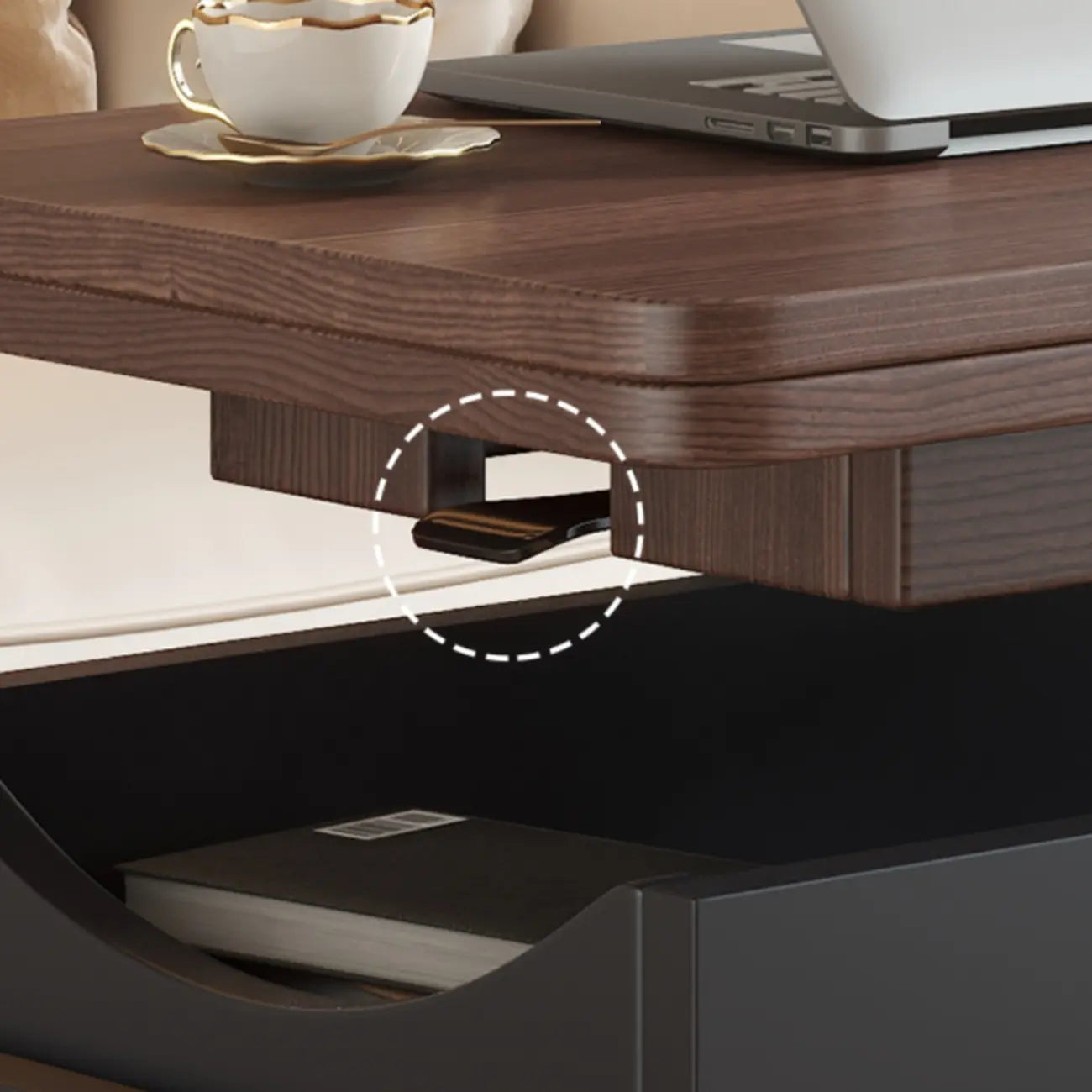 Table d'appoint pliante rectangulaire en bois et métal avec plateau relevable et roulettes