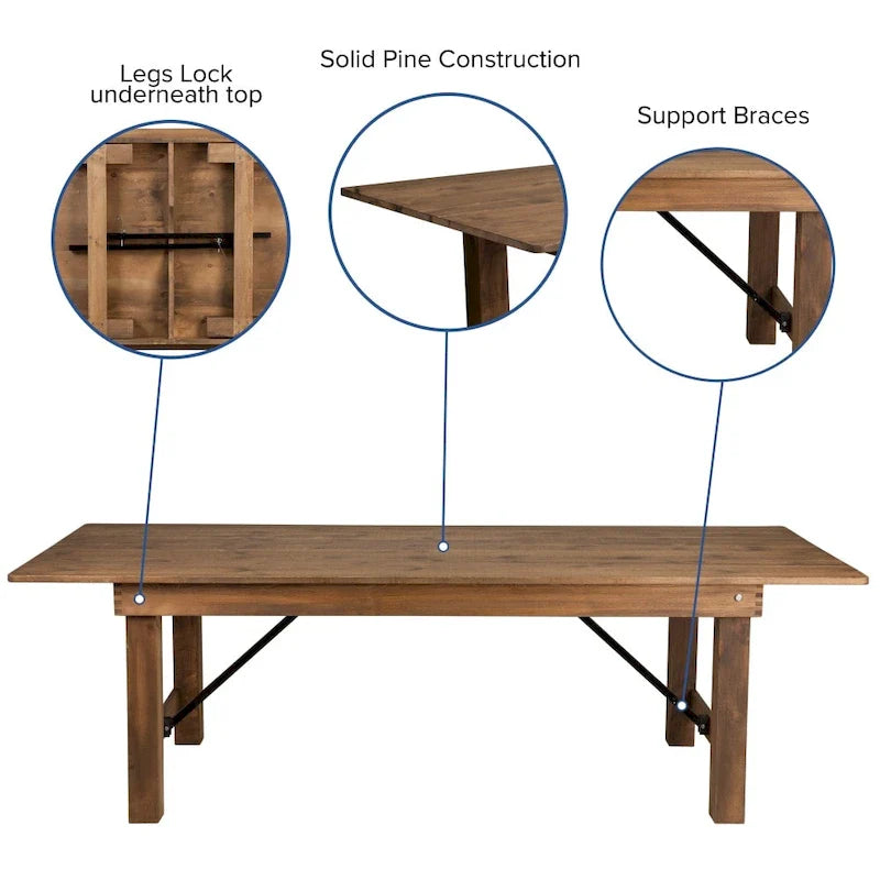 Ensemble de 10 chaises à dossier croisé et coussins avec table de ferme pliante rustique 8 x 40
