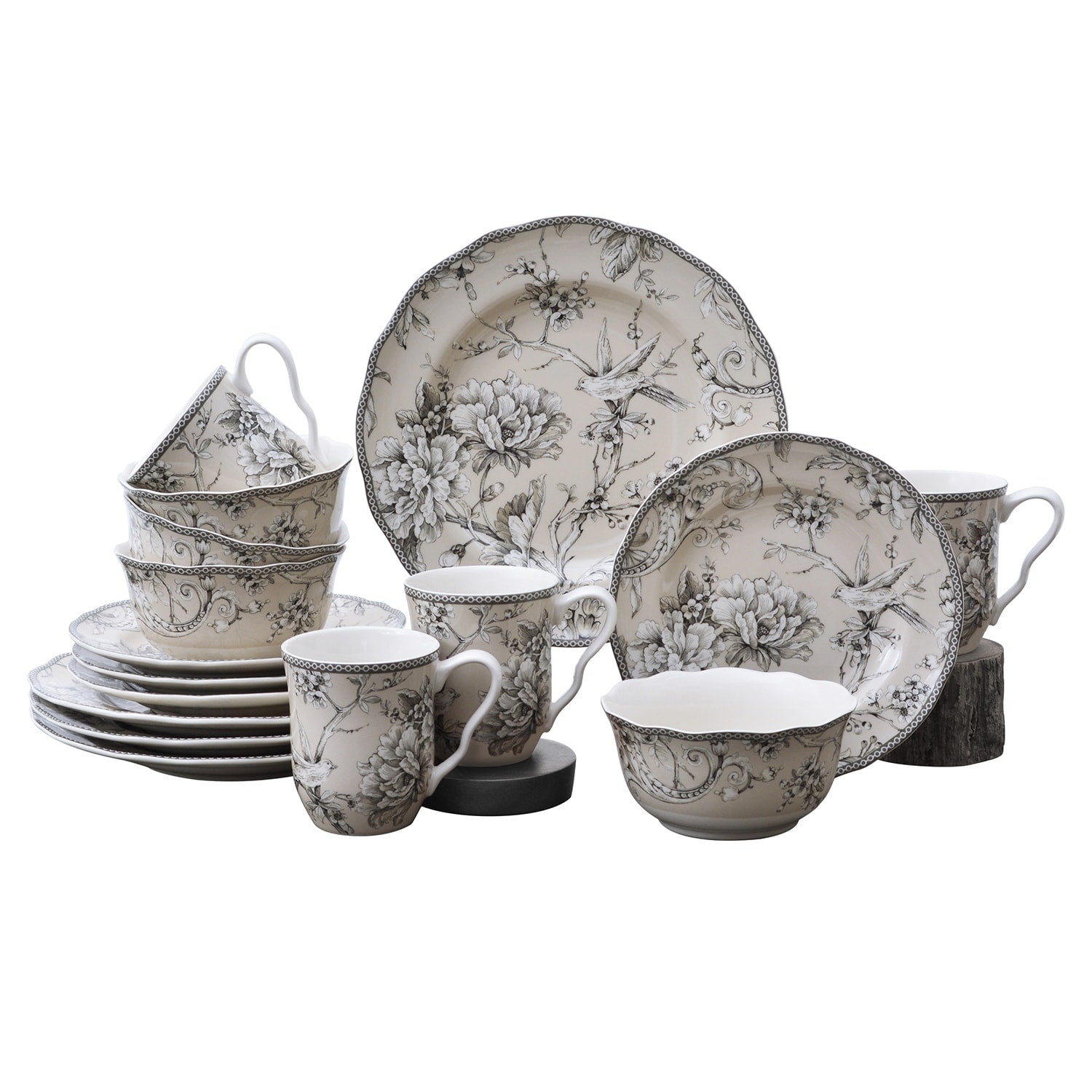 Ensemble de vaisselle 16 pièces en porcelaine Adelaide 222 Fifth avec assiettes rondes, bols et tasses, blanc antique