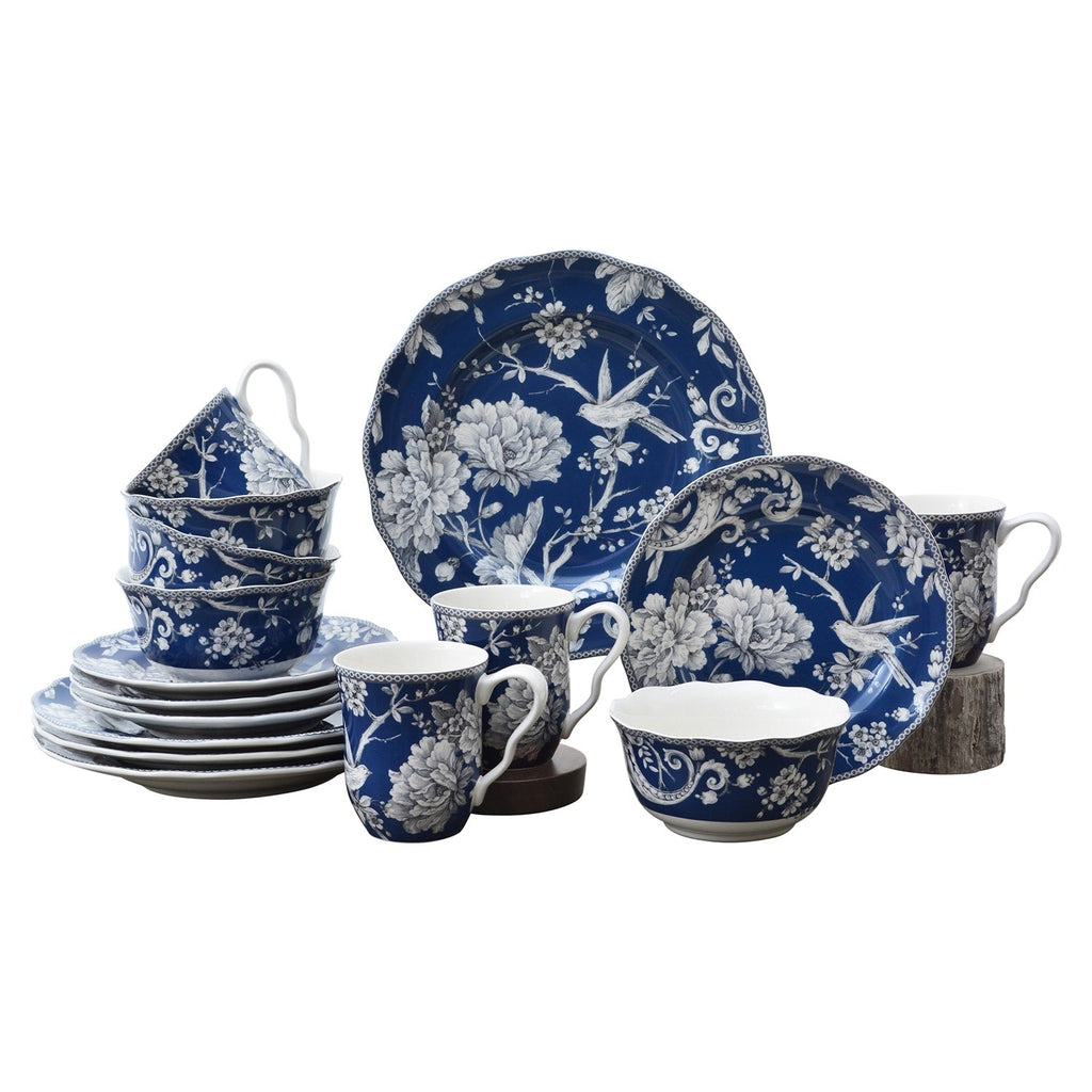 Service de table 16 pièces en porcelaine 222 Fifth Adelaide avec assiettes rondes, bols et tasses, bleu foncé