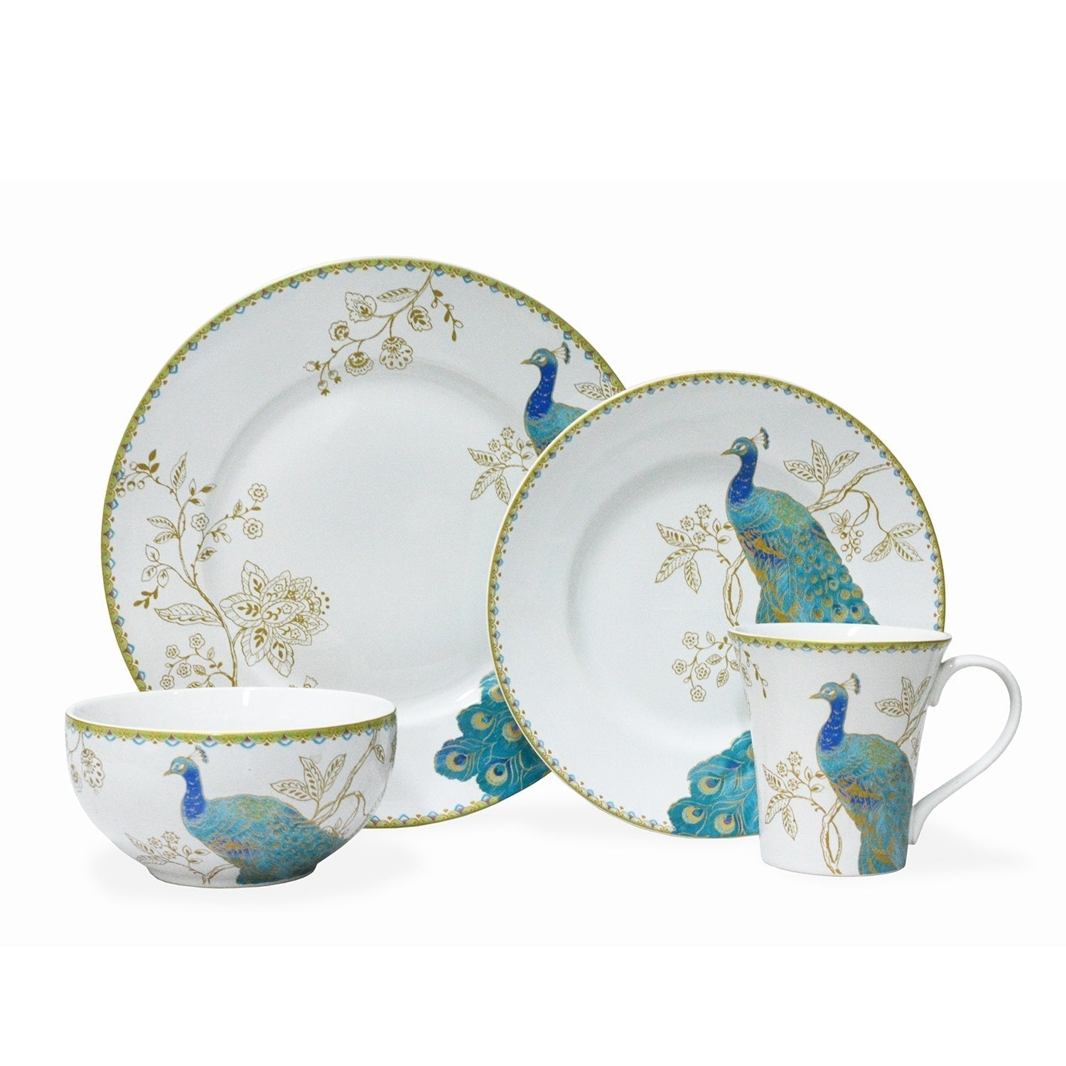 Ensemble de vaisselle en porcelaine 16 pièces 222 Fifth Peacock Garden avec assiettes rondes, bols et tasses, blanc