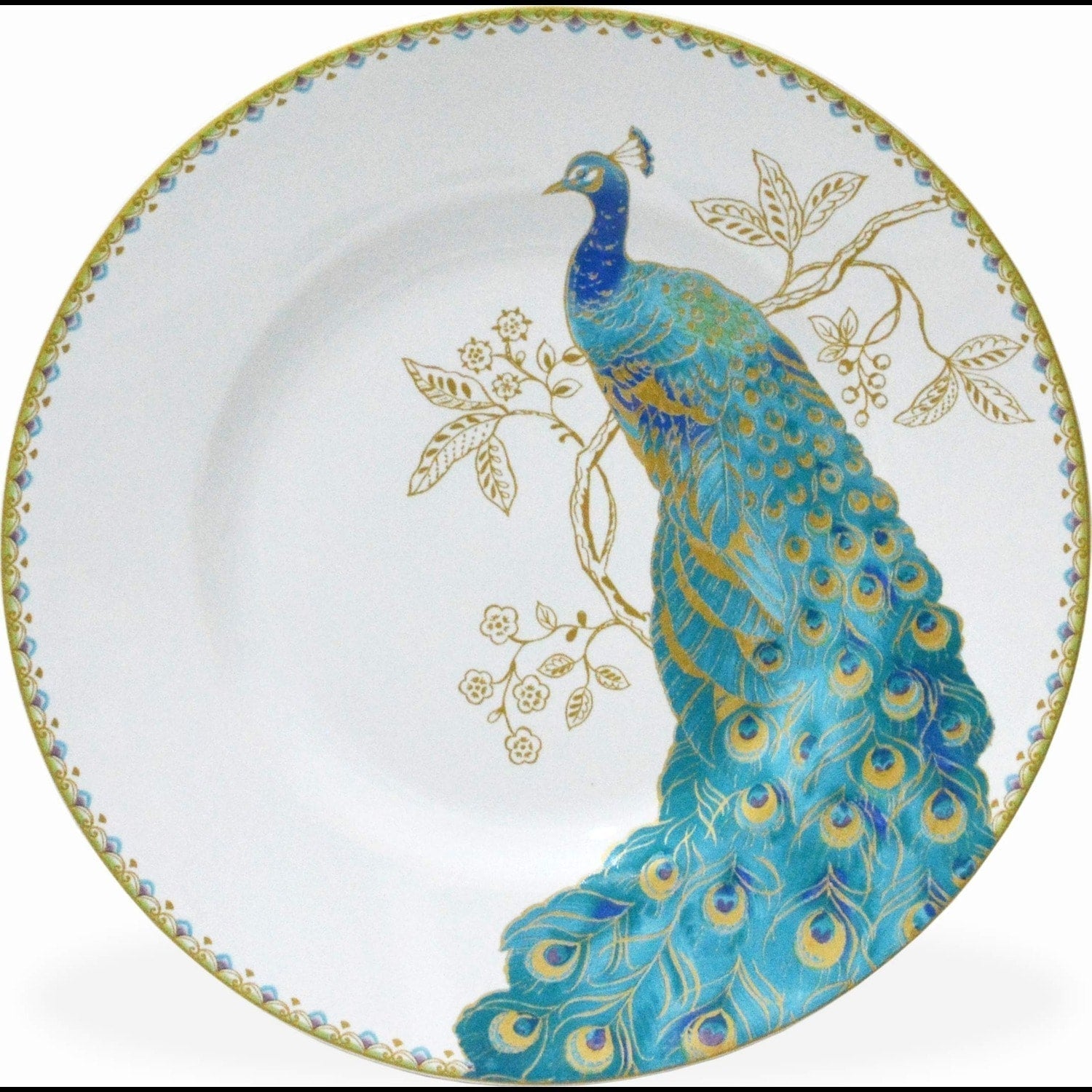 Ensemble de vaisselle en porcelaine 16 pièces 222 Fifth Peacock Garden avec assiettes rondes, bols et tasses, blanc
