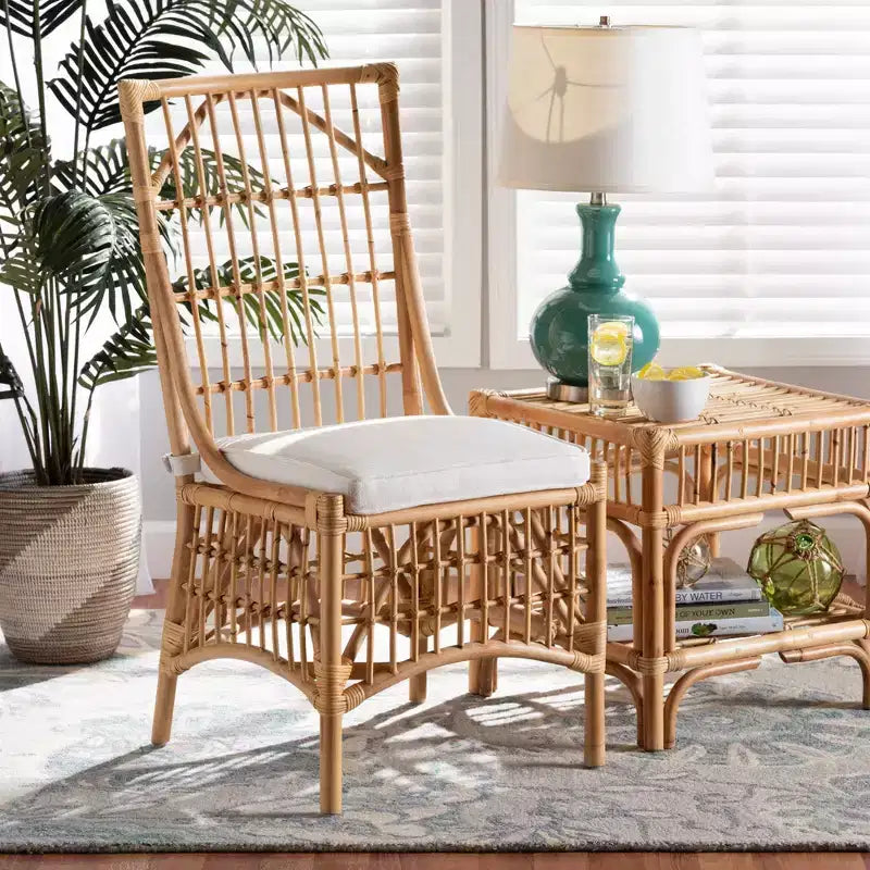 Chaise de salle à manger Rose en tissu et rotin bali & pari blanc/naturel : mélange coton-polyester, style bohème, aucun assemblage requis