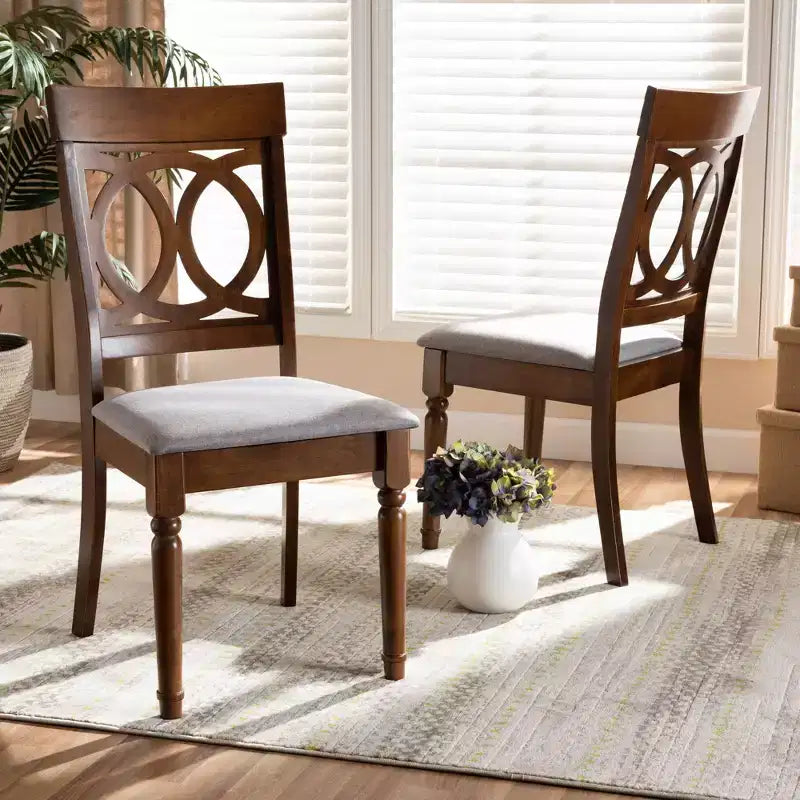 Lot de 2 chaises de salle à manger Lucie en tissu et bois gris/noyer - Baxton Studio : Polyester, nettoyage ciblé, sans accoudoirs