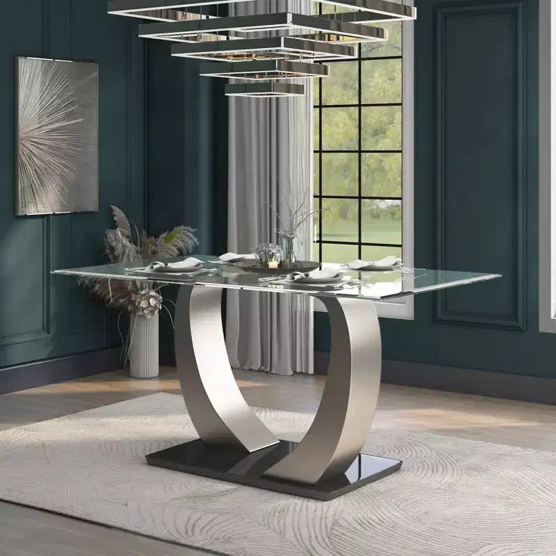 HOMES: Inside + Out Langton Table de salle à manger en verre Argent/Noir : Piètement moderne, 6 places, Finition satinée
