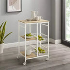 Chariot de cuisine mobile en métal blanc Tamarin : Plateau MDF, 2 paniers, roulettes verrouillables - Linon