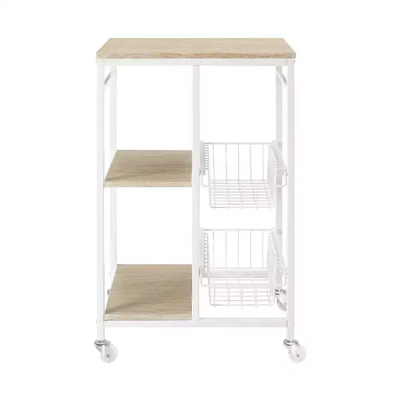 Chariot de cuisine mobile en métal blanc Tamarin : Plateau MDF, 2 paniers, roulettes verrouillables - Linon