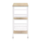 Chariot de cuisine mobile en métal blanc Tamarin : Plateau MDF, 2 paniers, roulettes verrouillables - Linon