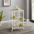 Chariot de cuisine mobile en métal blanc Tamarin : Plateau MDF, 2 paniers, roulettes verrouillables - Linon