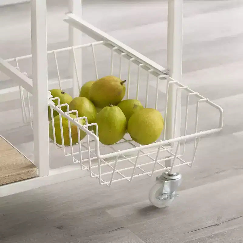 Chariot de cuisine mobile en métal blanc Tamarin : Plateau MDF, 2 paniers, roulettes verrouillables - Linon