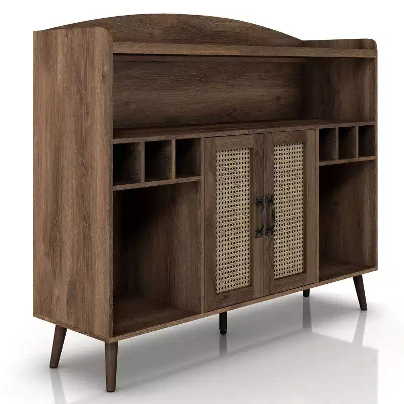Buffet Klimar à étagères ouvertes en noyer vieilli - miBasics : Bahut Mid-century, 6 casiers à bouteilles, porte tissée