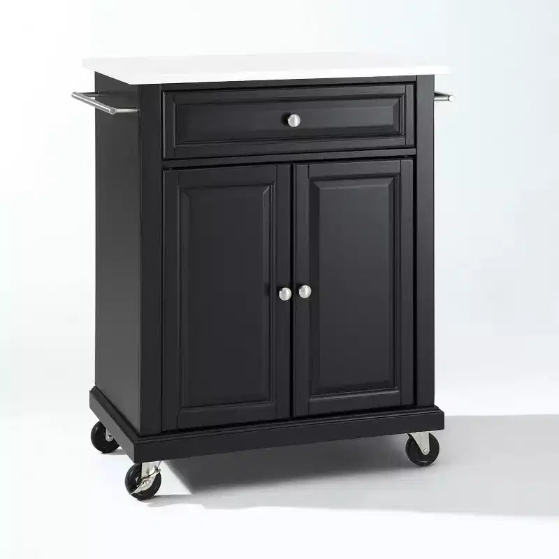 Compact Granite Top Kitchen Cart Black/White - Crosley: Solid Wood, Adjustable Shelf, Towel Bar