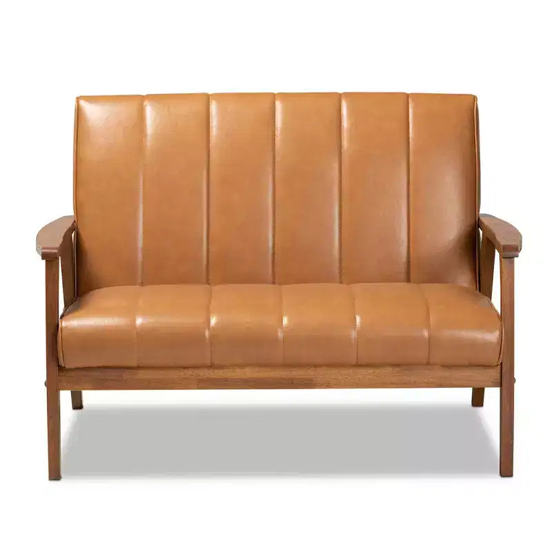 Baxton Studio Nikko Causeuse en bois tapissée de similicuir mi-siècle Noyer/Marron : 2 places, dossier capitonné, cadre en bois