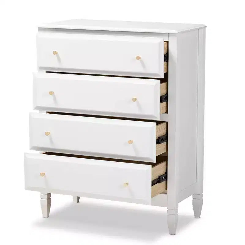 Commode de chambre 4 tiroirs en bois Naomi Baxton Studio blanc/doré : solution de rangement élégante avec quincaillerie anti-basculement