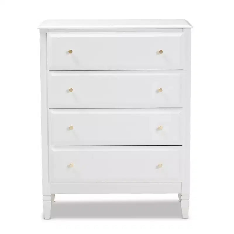 Commode de chambre 4 tiroirs en bois Naomi Baxton Studio blanc/doré : solution de rangement élégante avec quincaillerie anti-basculement