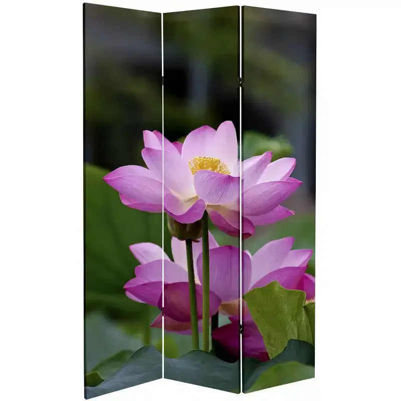 Paravent Toile Double Face Fleur de Lotus Verte 180 cm - Meubles Orientaux : Séparateur de Pièce Réglable 3 Panneaux, Cadre en Bois d'Épicéa