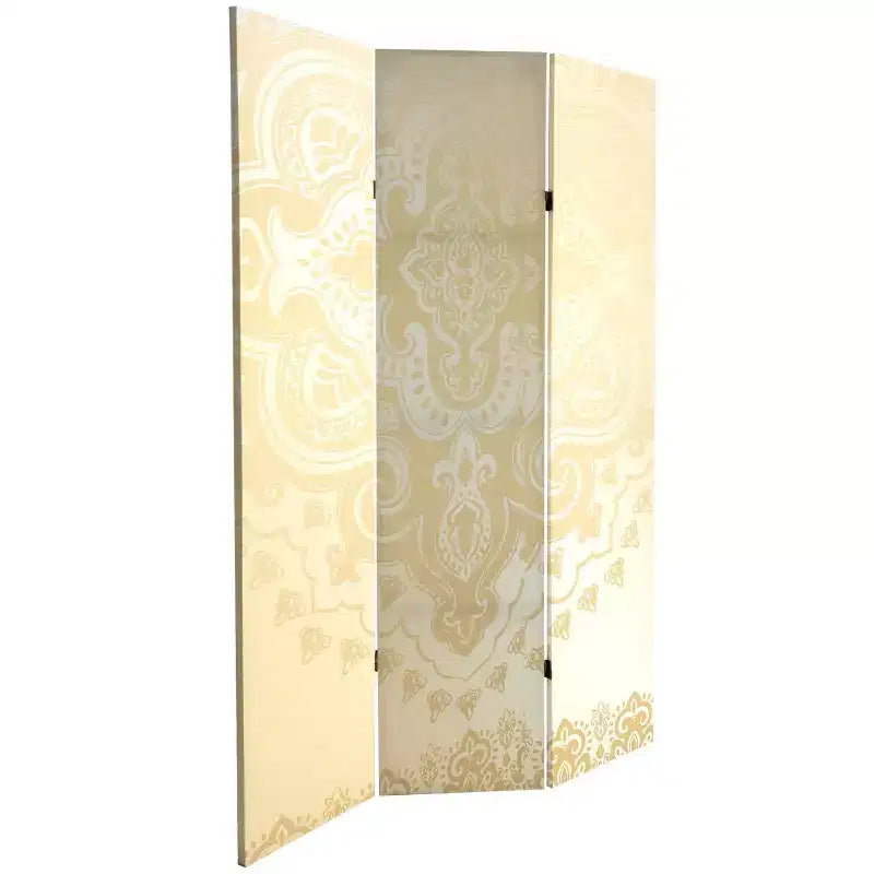 Paravent Oriental Furniture 6" en toile à motif mandala double face ivoire : Paravent 3 panneaux réglables en bois d'épicéa
