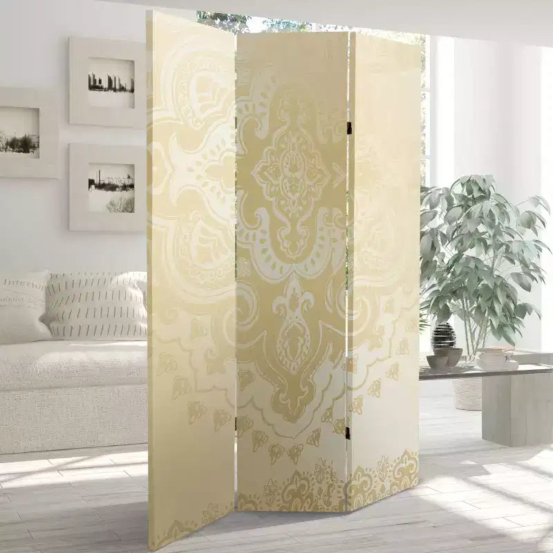 Paravent Oriental Furniture 6" en toile à motif mandala double face ivoire : Paravent 3 panneaux réglables en bois d'épicéa