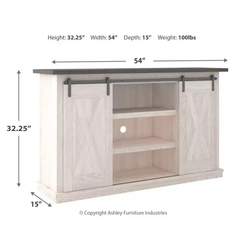 Meuble TV moyen Signature Design by Ashley Dorrinson pour téléviseurs jusqu'à 63 po, bicolore : console média de style ferme avec étagères réglables